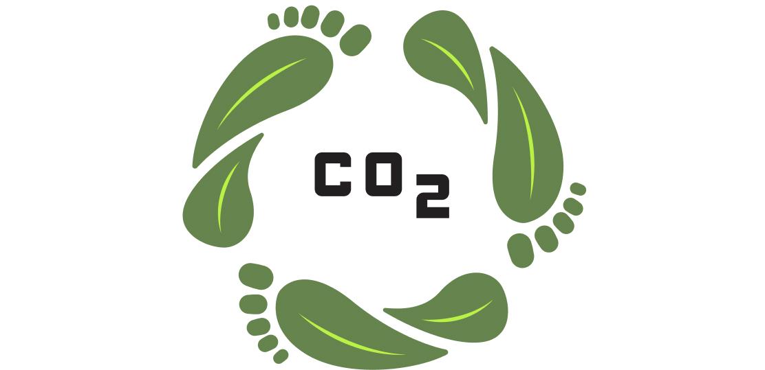 Illustration of CO2 surrounded by leaves and footprints, representing a lower carbon footprint