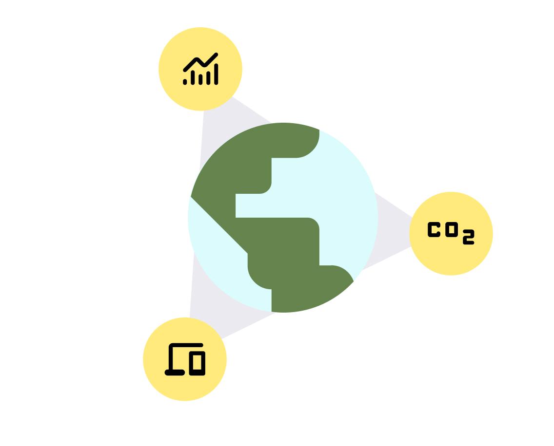 Illustration of the globe linked to a chart, a CO2 symbol and a device, representing emissions insights