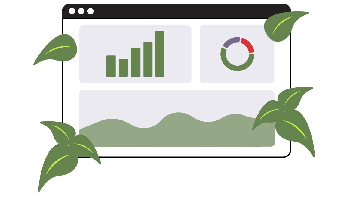 Illustration of an emissions dashboard with charts, surrounded by leaves