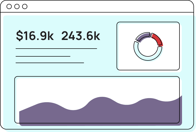 Illustration of a campaign dashboard showing spend, impressions and performance charts