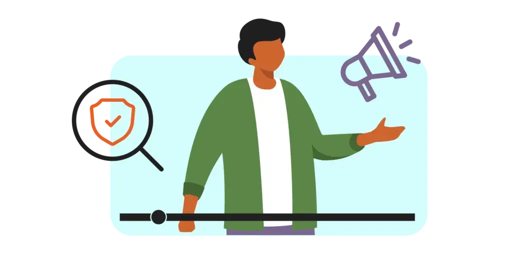 Illustration of a creator presenting a YouTube video, with a brand-safety check and a megaphone