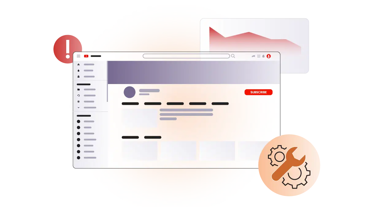 Illustration of a YouTube channel page flagged with a warning and a falling performance chart