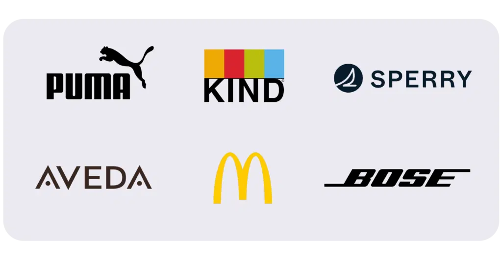 Logos of Pixability clients PUMA, KIND, Sperry, Aveda, McDonald's and Bose