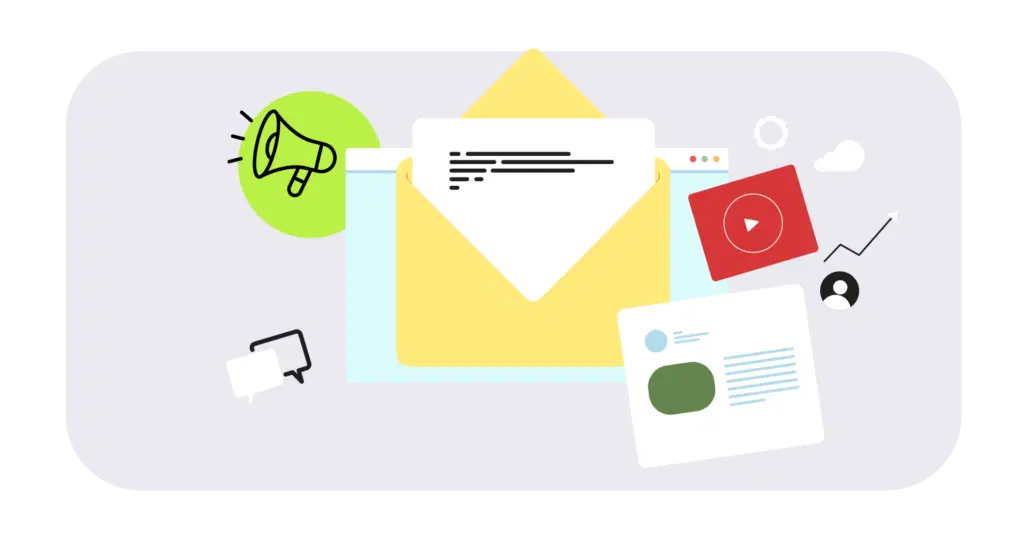 Illustration of an email, a megaphone and video posts, representing marketing and sponsorship opportunities