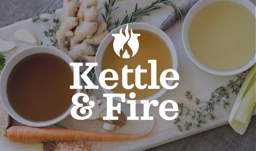 Kettle & Fire logo over bowls of bone broth