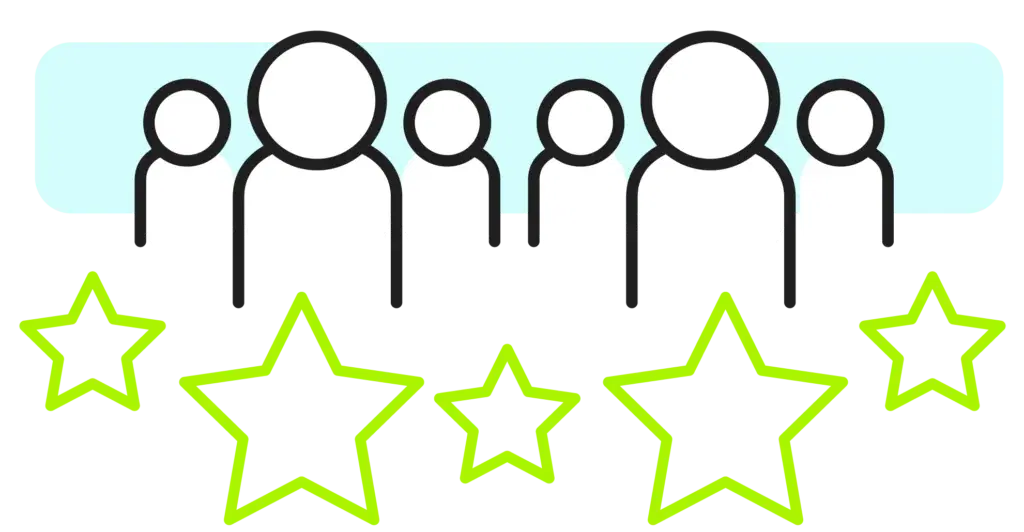 Illustration of a team with five-star ratings, representing hands-on expertise