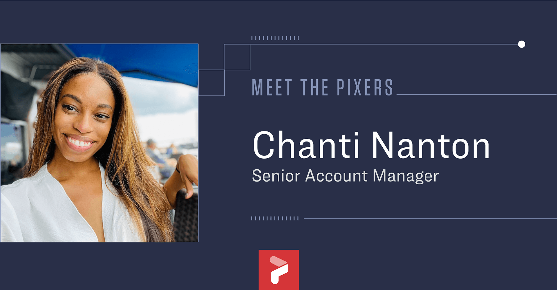 Photo of Chanti on a navy blue background with text on the right side.