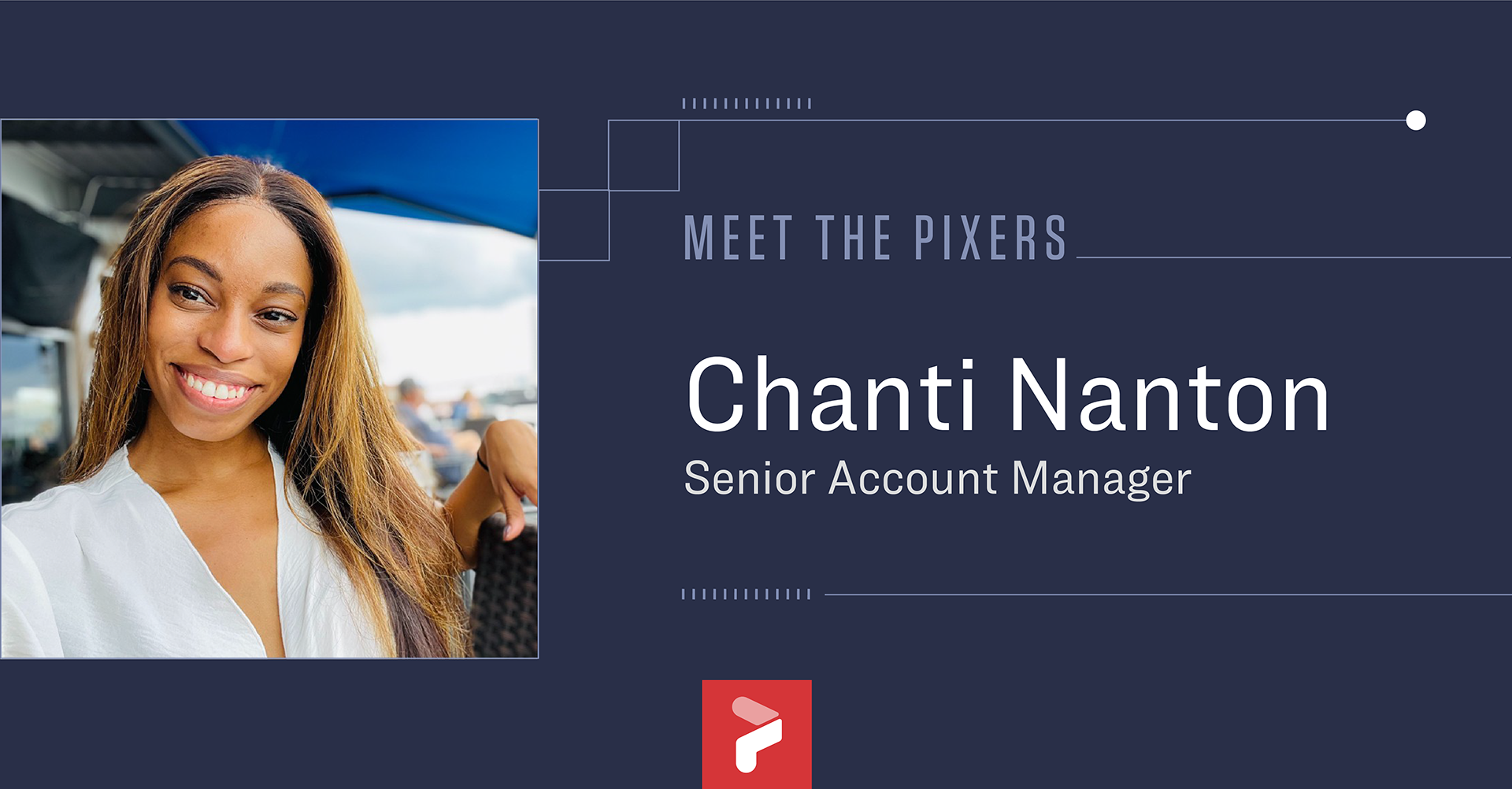 Photo of Chanti on a navy blue background with text on the right side.
