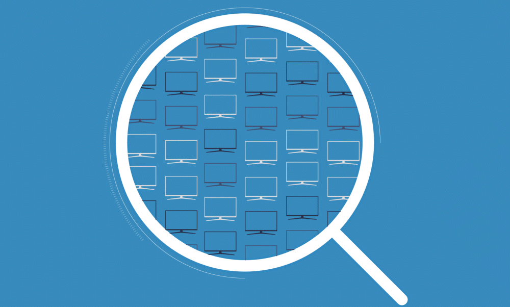 illustrated motion graphic showing a magnifying glass examining rows of small tv's