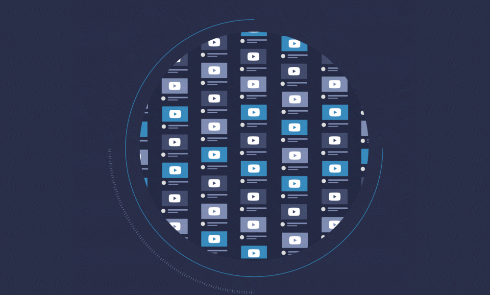 illustrated motion graphic showing a group of roving video thumbnails